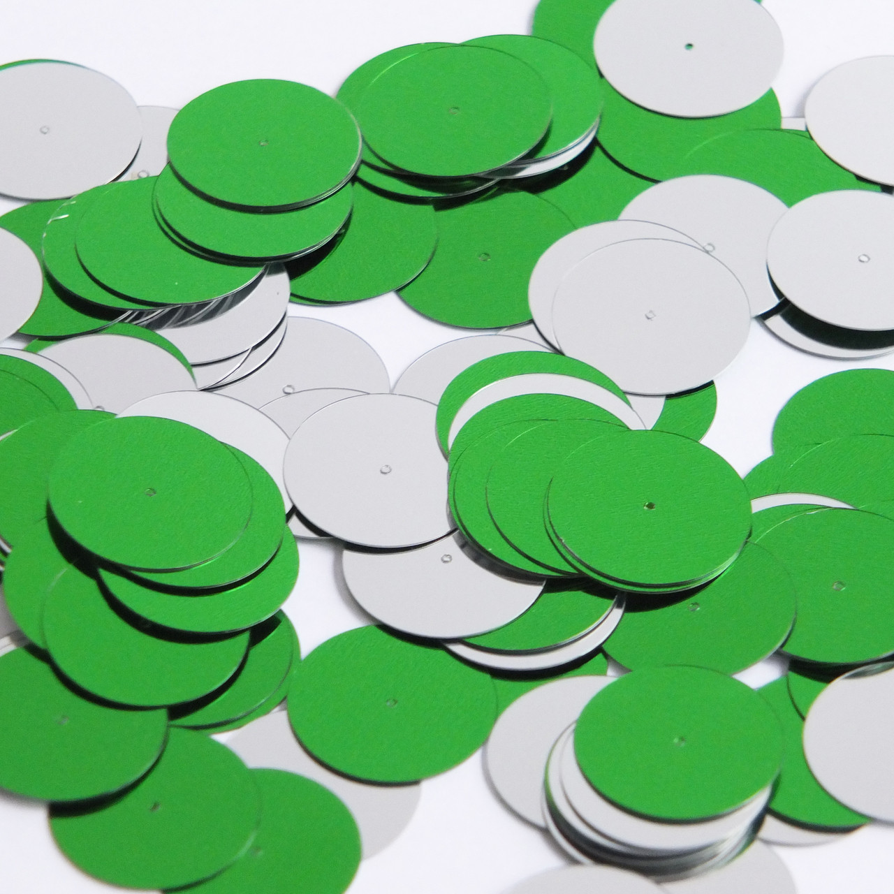 Round  Flat Sequin 20mm Center Hole Green Silver Shiny Metallic Reversible