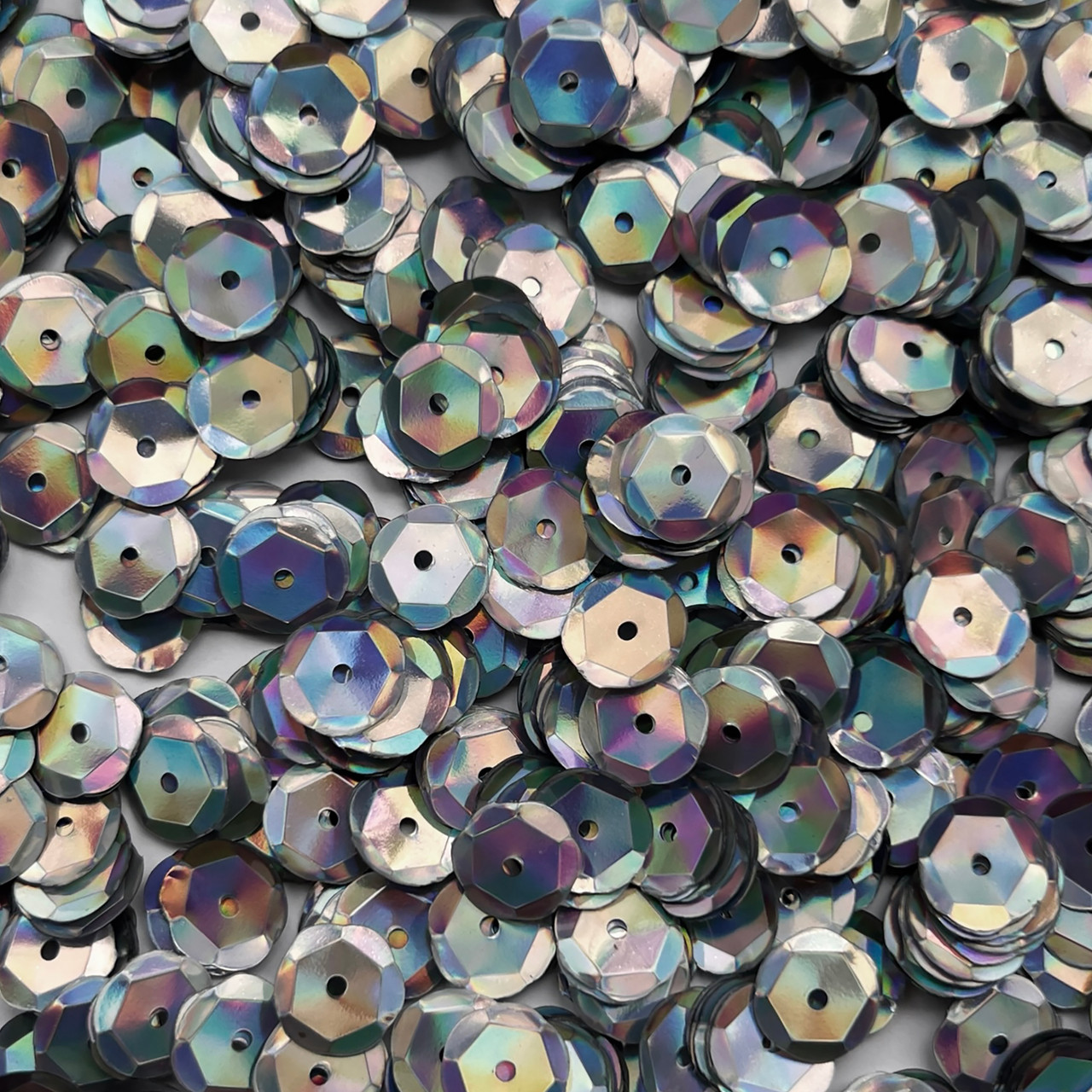 8mm Cup Sequins Silver Laser Rainbow Reflective Metallic