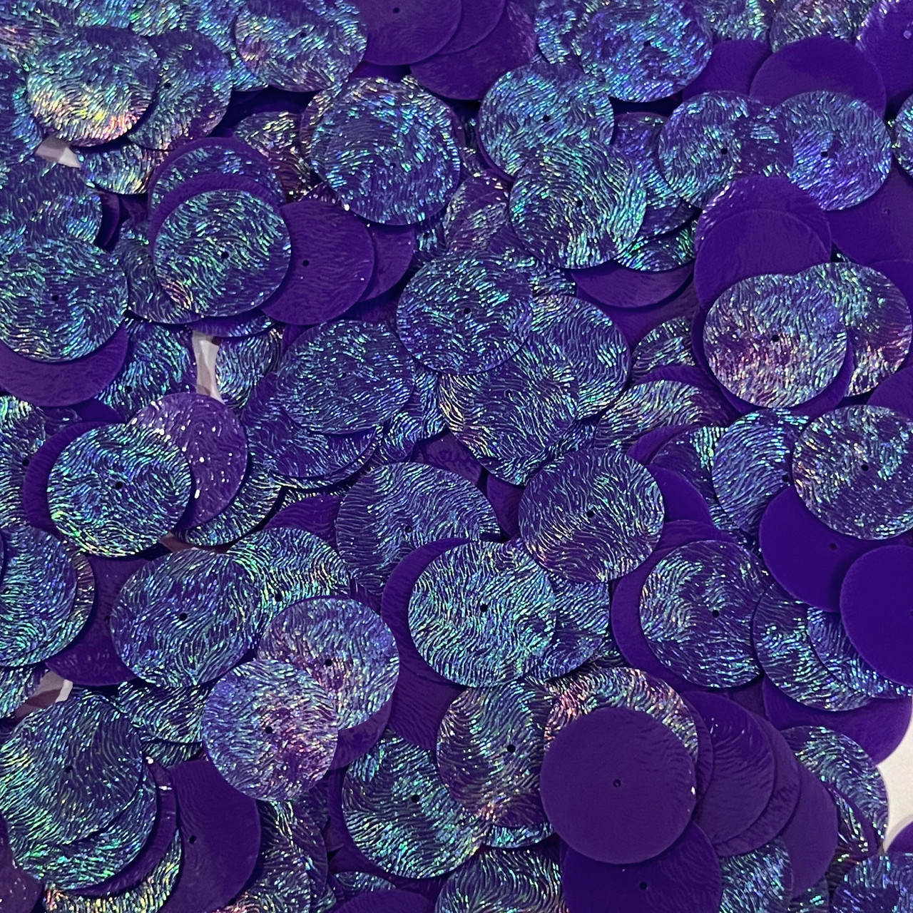 20mm Sequins Center Hole Purple Iridescent Embossed Swirl Texture
