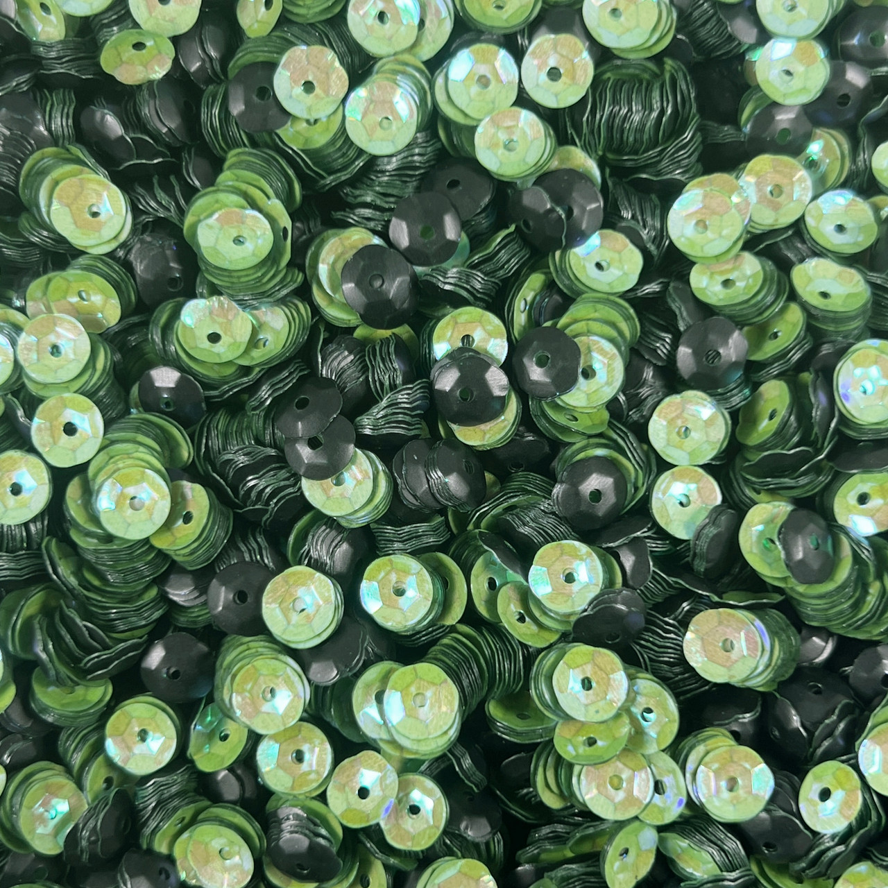 6mm Cup Sequins Lt Green Mother of Pearl Mattte Black Rainbow Iris / Matte Duo Two Sided Made in USA