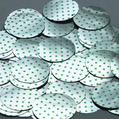 30mm Sequins Green Polka Dot on Silver Metallic