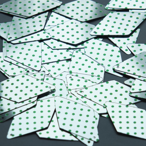 Long Diamond Sequin 1.75" Green Polka Dot on Silver Metallic