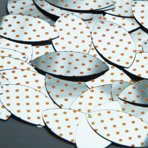 Navette Leaf Sequin 1.5" Orange Polka Dot on Silver Metallic