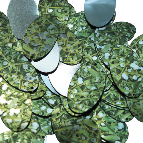 Oval Sequin 1.5" Mistletoe Green White Leaves and Bud Metallic