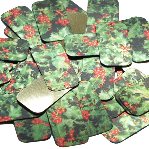 Rectangle Sequin 1.5" Holly Leaves and Berries Green Leaf Red Berry Metallic