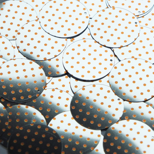 Round Sequin 30mm Orange Polka Dot on Silver Metallic Round Sequin 30mm Orange Polka Dot on Silver Metallic