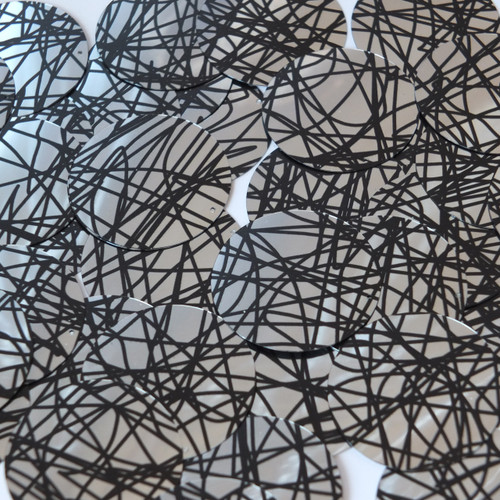 Round Sequin 1.5" Silver Black Scribble Pattern Metallic Round Sequin 1.5" Silver Black Scribble Pattern Metallic