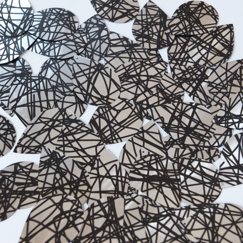 Teardrop Sequin 1.5" Silver Black Scribble Pattern Metallic Teardrop Sequin 1.5" Silver Black Scribble Pattern Metallic