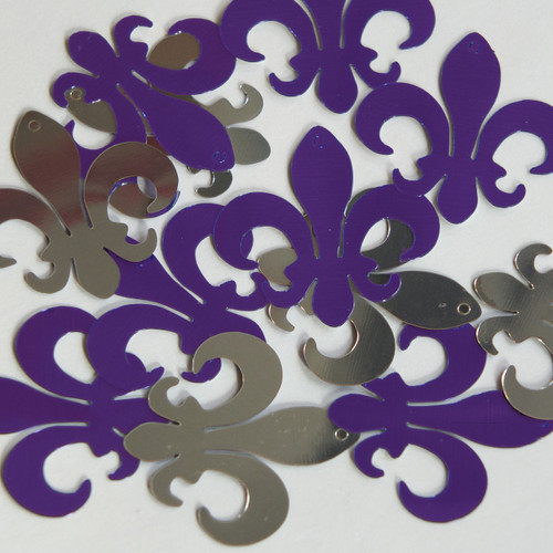 Fleur De Lis Sequin 1.25" Purple Silver Metallic