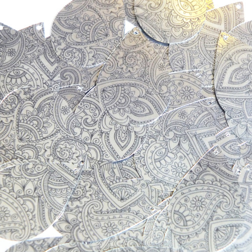 Teardrop Sequins 1.5" Mehndi Pattern Black Silver Metallic
