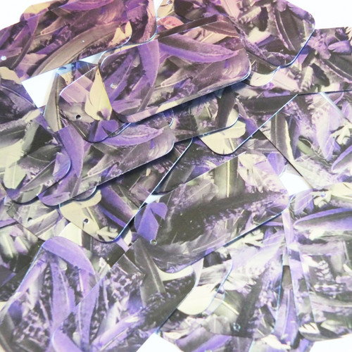 Rectangle Sequins 1.5" Purple Silver Bird Feathers Print Metallic