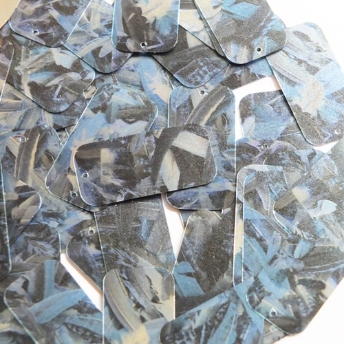 Rectangle Sequins 1.5" Blue Silver Bird Feathers Print Metallic