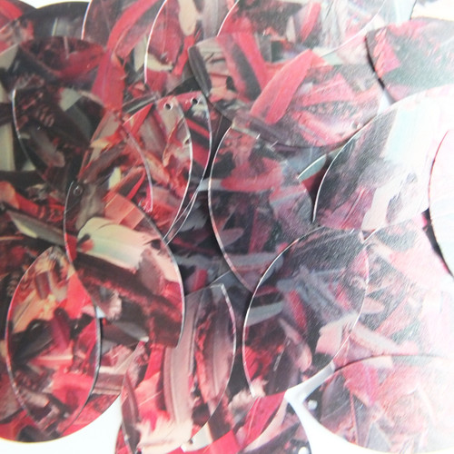 Navette Leaf Sequins 1.5" Red Silver Bird Feathers Print Metallic