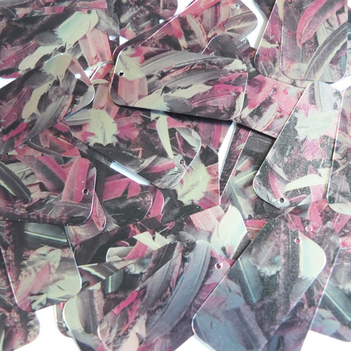 Rectangle Sequins 1.5" Pink Silver Bird Feathers Print Metallic