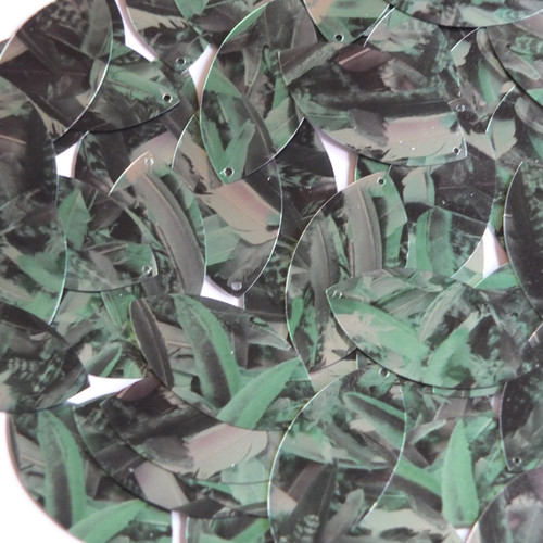 Navette Leaf Sequins 1.5" Green Silver Bird Feathers Print Metallic