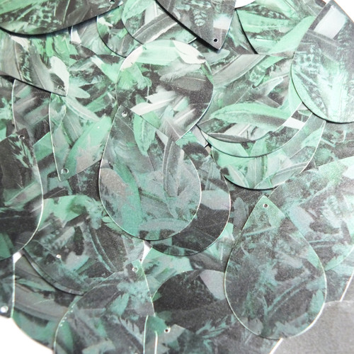 Teardrop Sequins 1.5" Green Silver Bird Feathers Print Metallic