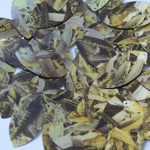 Navette Leaf Sequins 1.5" Yellow Silver Bird Feathers Print Metallic