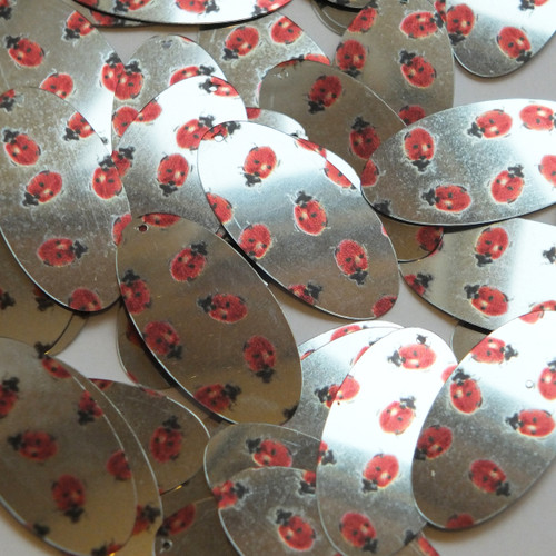 Oval sequins 1.5" Ladybug Ladybird Print on Silver Metallic