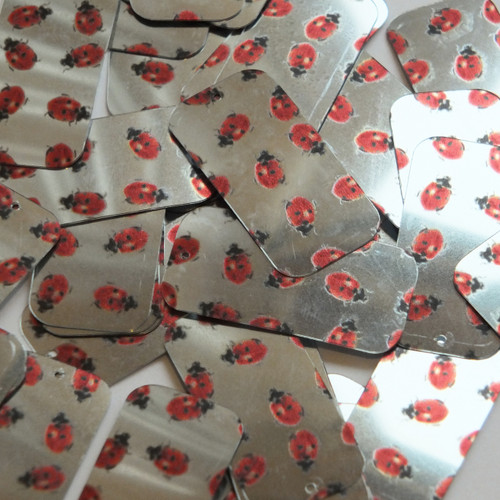 Rectangle sequins 1.5" Ladybug Ladybird Print on Silver Metallic