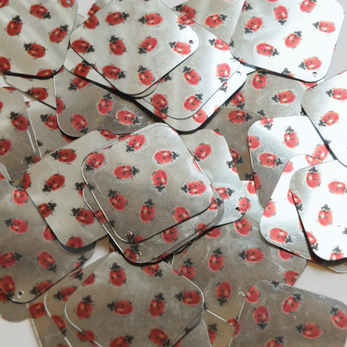 Square Diamond sequins 1.5" Ladybug Ladybird Print on Silver Metallic