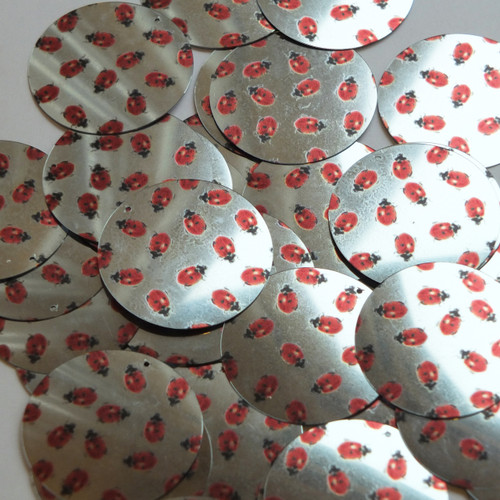 Round sequins 1.5" Ladybug Ladybird Print on Silver Metallic