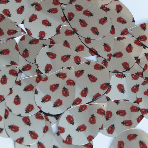 Teardrop sequins 1.5" Ladybug Ladybird Print on Silver Metallic