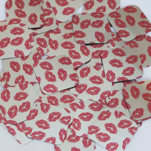 Square Diamond sequins 1.5" Red Lips Kiss Lipstick Print Silver Metallic