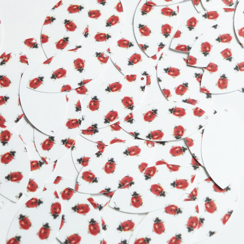 Navette Leaf Sequin 1.5" Red Ladybugs Ladybirds on White Opaque