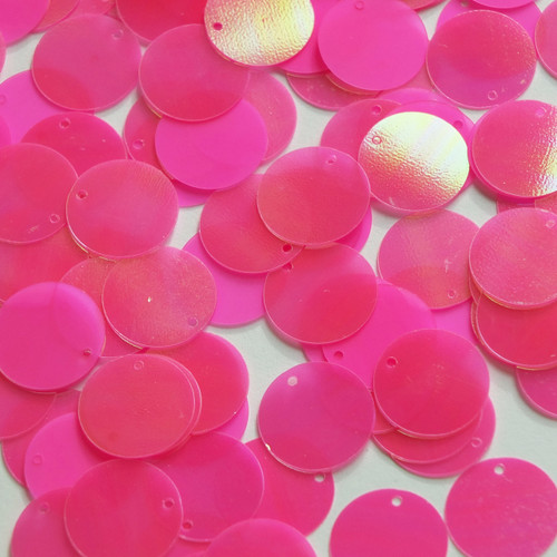 Round  Flat Sequin 15mm Top Hole Bright Pink Rainbow Iris Fluorescent Matte Opaque Back Reversible