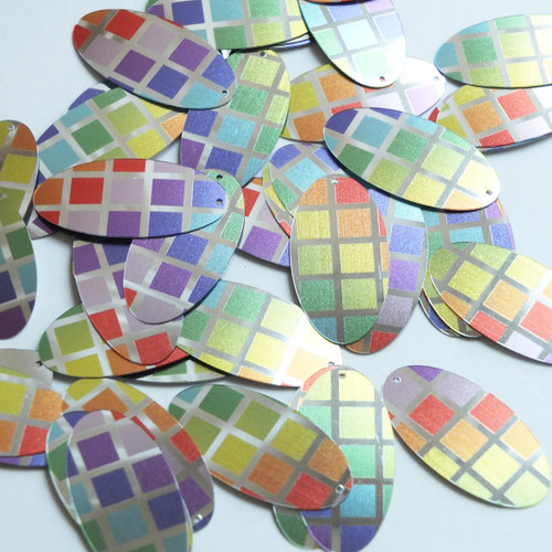 Oval Sequin 1.5" Rainbow Squares on Silver Metallic