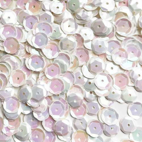 10mm Cup Sequins White Rainbow Iris Shiny Opaque