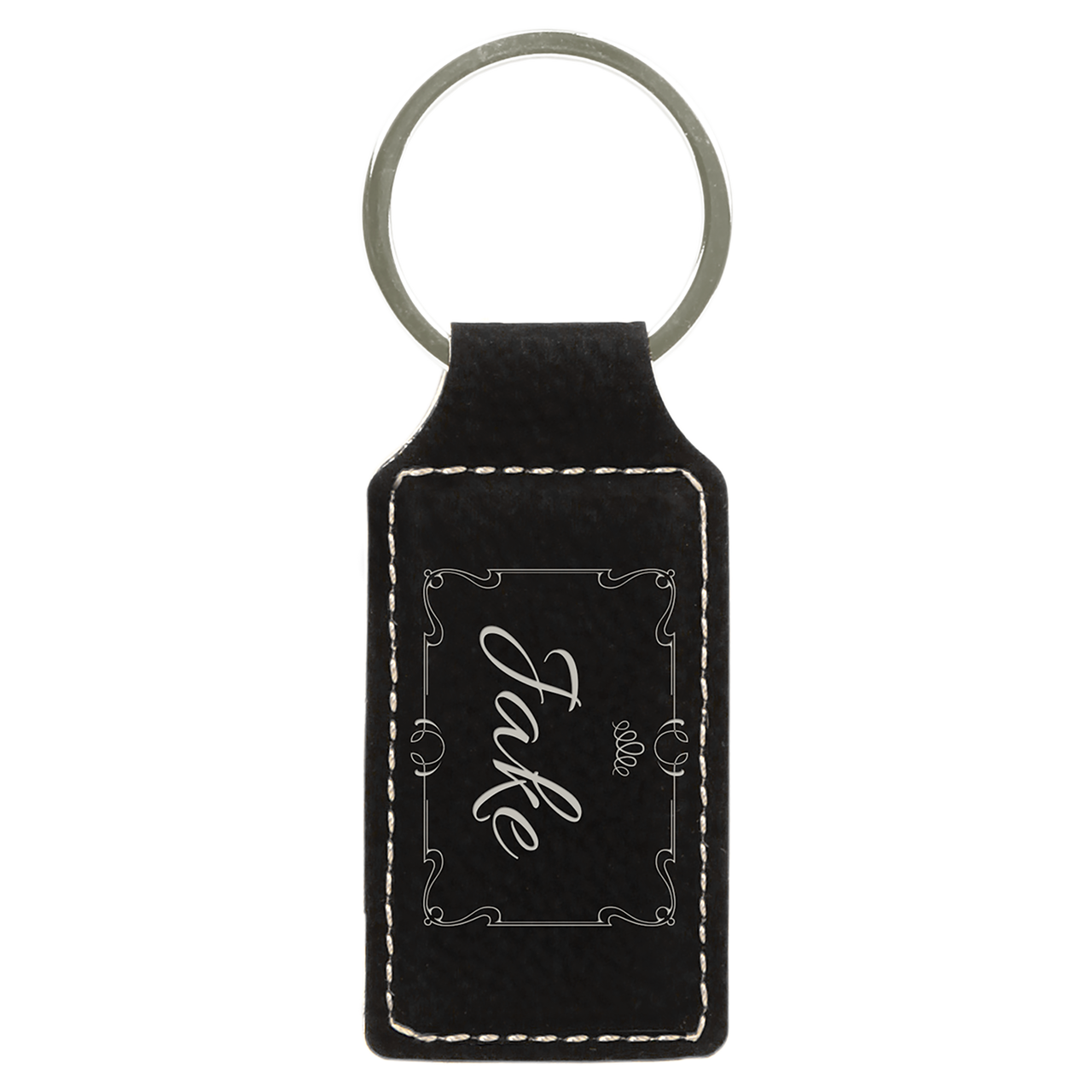 Black Silver Leatherette Rectangle Keychain With Custom Laser Engraving ...