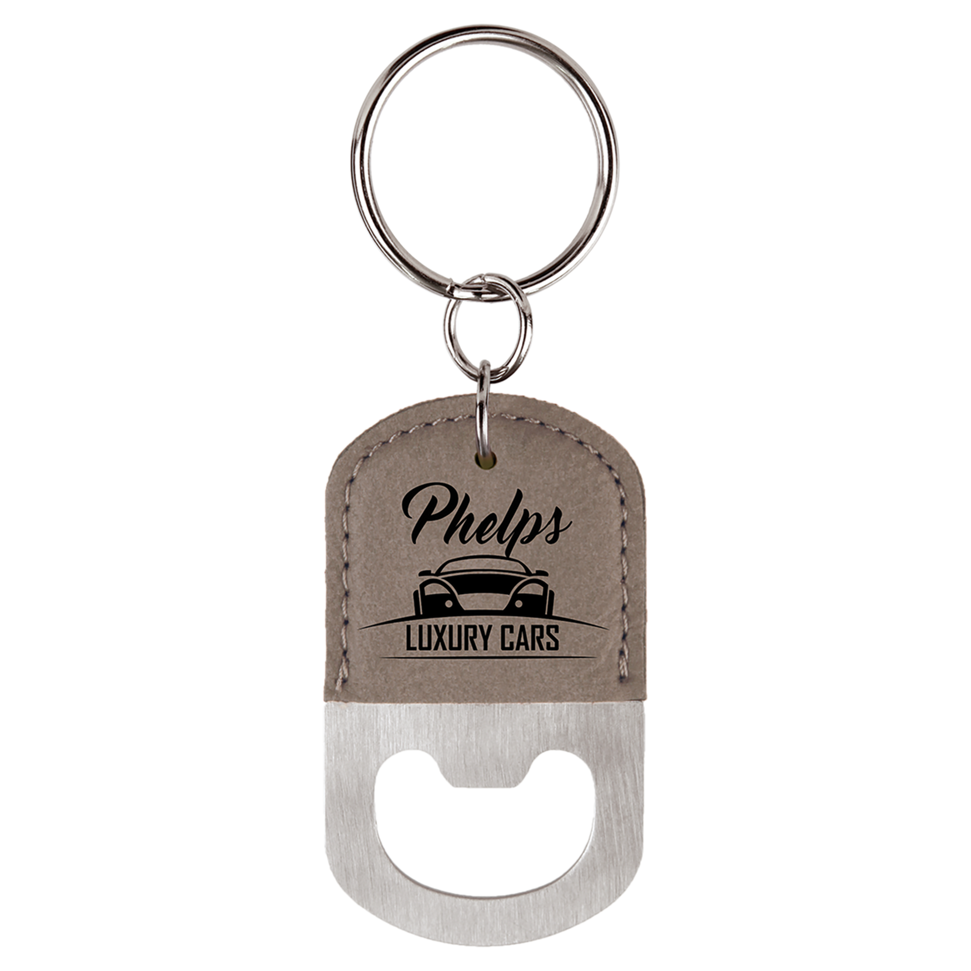 Mini Bottle Opener Keyring Laser Engraved, Grey Vegan Leather