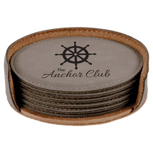 Round Coaster Set with Custom Laser Engraving Gray Leatherette Round Coaster Set with Custom Laser Engraving Gray Leatherette