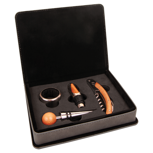 Engraved Gray Leatherette 4-Piece Wine Tool Set