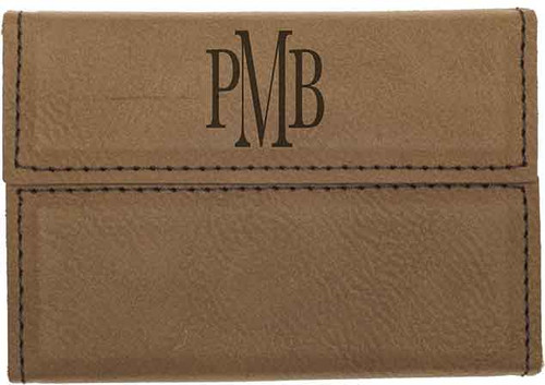 Brown Leatherette Hard Business Card Holder with Custom Laser Engraving