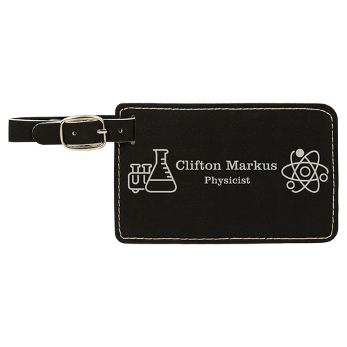 Black/Silver Rectangle Leatherette Luggage Tag with Custom Laser Engraving