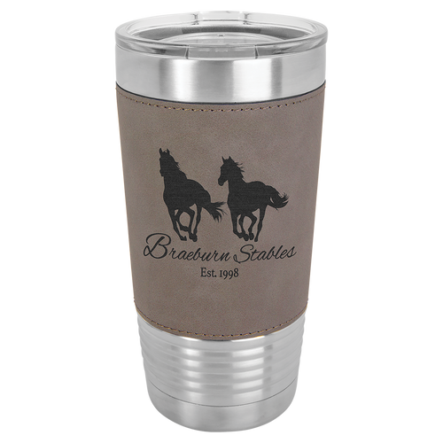 Leather, Gray, Travel cup, 20 oz, gifts, Stainless Steel, clear lid, laser engrave, faux leather, leatherette