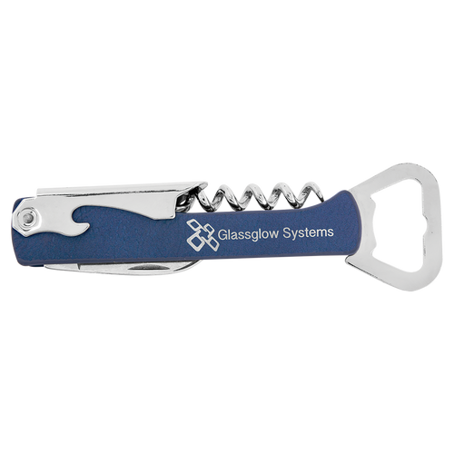 Wine opener, corkscrew, bottle opener, multi tool, leatherette, blue, silver, gift, personalize