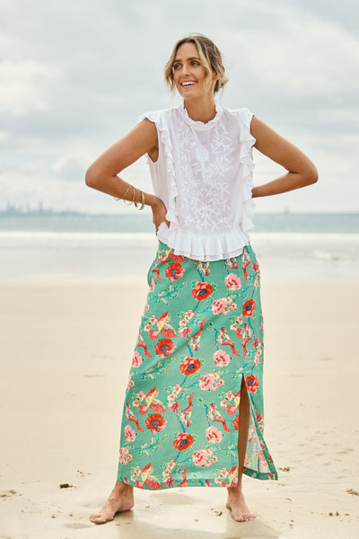 Knee Length Boho Skirts Online India Floral Print Green Skater