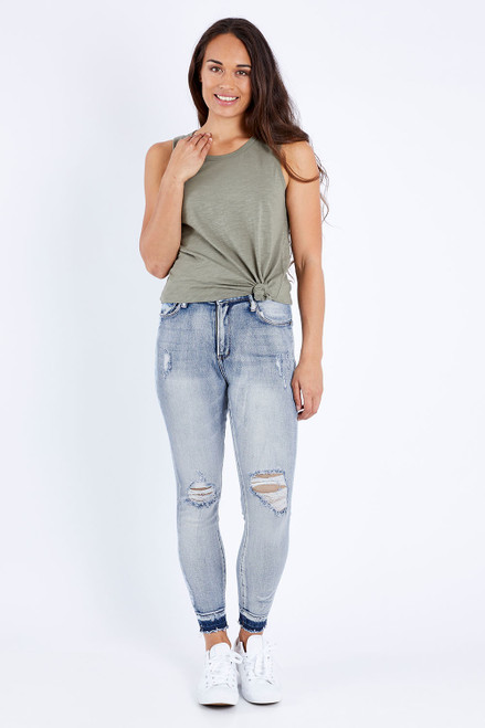 Blue Ripped Holes Skinny Jeans Slim Fit Frayed Hem High - Temu