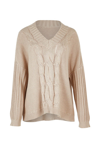 Three Bird Nest Womens Beige Knitted V Neck Long Sleeve Pullover