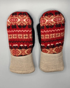 Wool Sweater Mittens - Medium - Red, White, and Black Design Wool Sweater Mittens - Medium - Red, White, and Black Design