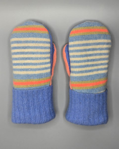 Wool Sweater Mittens - Medium - Blue and Creme Horizontals Wool Sweater Mittens - Medium - Blue and Creme Horizontals