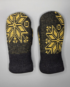 Wool Sweater Mittens - Medium - Yellow Design on Grey Wool Sweater Mittens - Medium - Yellow Design on Grey