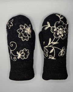 Wool Sweater Mittens - Medium - Black with White Flowers Wool Sweater Mittens - Medium - Black with White Flowers
