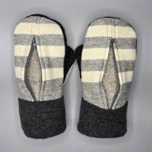 Wool Zipper Mittens - Medium - Gray and Tan Horizontals Wool Zipper Mittens - Medium - Gray and Tan Horizontals