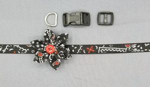 Collar & Small Pointed Flower - Bandana with White and Red on Black - Extra Small (5/8" wide and 8" - 11" round) - 127 Collar & Small Pointed Flower - Bandana with White and Red on Black - Extra Small (5/8" wide and 8" - 11" round) - 127