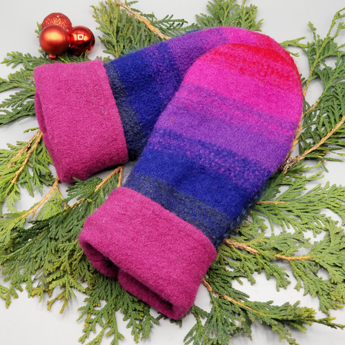 Recycled Wool Sweater Mittens, Felted & Fleece Lined, Variegated Shades of Purple to Pink with Pink Boiled Wool Cuff, Extra Small Size