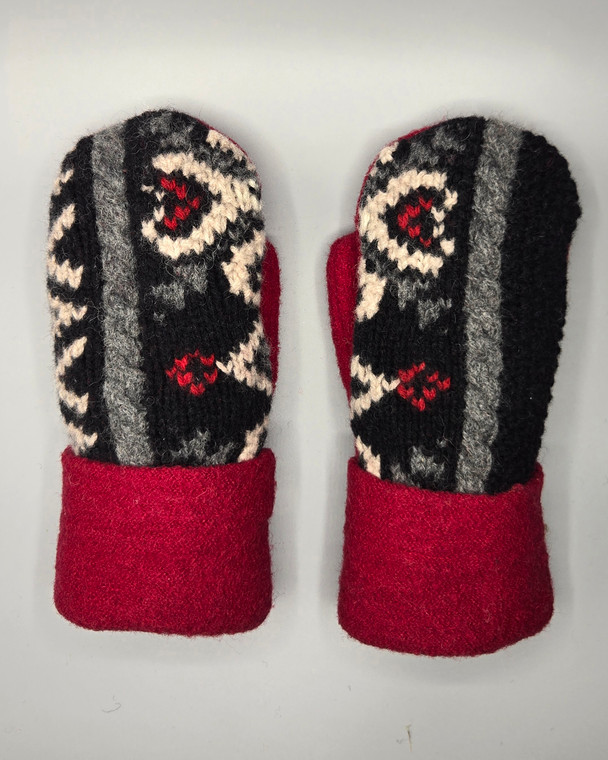 Wool Sweater Mittens - Medium - Black, Red, and White Wool Sweater Mittens - Medium - Black, Red, and White